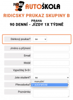 přihláška do autoškoly - řidičák sk. B automat 